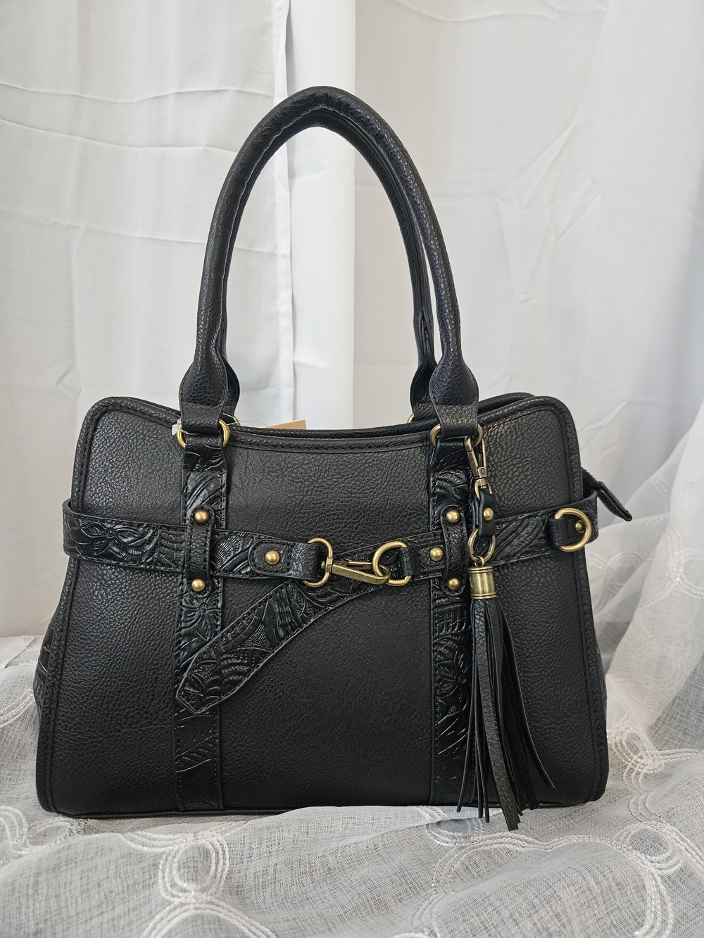 Rein & Bridle NWT Black Faux Leather Satchel Purse Tassel Accent Structured Hand